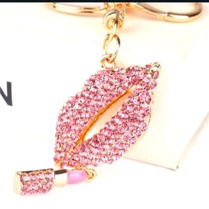 Pink Rhinestone lips matching lipstick hollow gold Keychain charm clasp